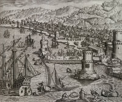 Girolamo Benzoni érkezése Las Palmas kikötőjébe amerikai útja során (1541), Kanári-szigetek, Theodor de Bry (1528-1598) metszete. alkotó: Theodore de Bry