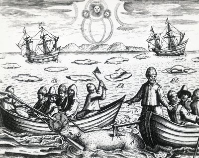Aurora borealis és fehér medve vadászata William Barents (kb. 1550-1597) harmadik expedíciója során az Északkeleti Átjárót kereső 1596-ban, Theodor de Bry (1528-1598), metszet alkotó: Theodore de Bry