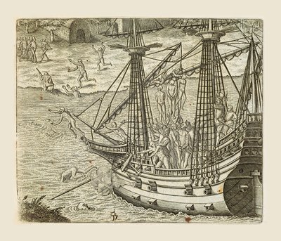 Bartolomeo Diaz néhány indiánt akaszt karavellára, metszet: Theodor de Bry (1528-1598) Amerikából alkotó: Theodore de Bry
