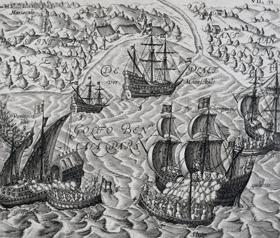 Csata Matical városa előtt a Bengáli-öbölben, Indiae Orientalis metszete, Theodor de Bry (1528-1598) alkotó: Theodore de Bry