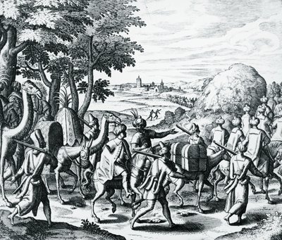 Arab kereskedők karavánja Aleppóból Bászrába utazva, metszet Grands and Petits Voyages, Theodor de Bry (1528-1598), Közel-Kelet alkotó: Theodore de Bry
