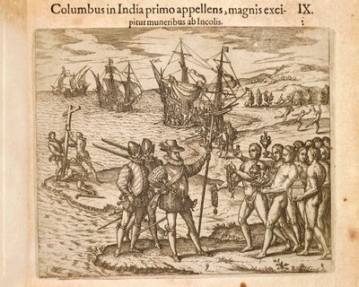Kolumbusz Kristóf partraszállás Guanahani szigetén (San Salvador) október 12 alkotó: Theodore de Bry
