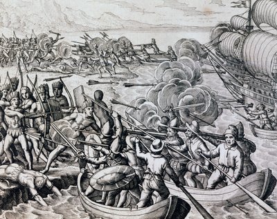 Összecsapás az őslakos indiánok és a spanyol csapatok között, metszet a Historia Americae-ból, Theodor de Bry (1528-1598), Frankfurt alkotó: Theodore de Bry