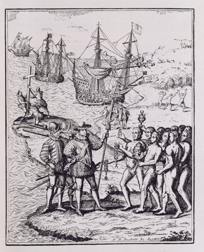 Columbus at Hispaniola, a „The Narrative and Critical History of America”-ból, szerkesztette Justin Winsor, London, 1886 alkotó: Theodore de Bry