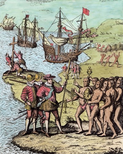 Columbus at Hispaniola, a „The Narrative and Critical History of America”-ból, szerkesztette Justin Winsor, London, 1886 (későbbi színezés) alkotó: Theodore de Bry
