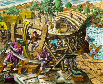 Hajó építése Vasco Nunez de Balboa (1475-1517) spanyol hajós számára. Metszet Theodore de Bry (1528-1598) „Amerika történelméből” 16. század. Magángyűjtemény alkotó: Theodore de Bry