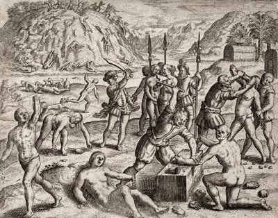 A spanyol telepesek által indiánokkal szemben elkövetett bűncselekmények leírása - Konkvisztádorok lemészároltak egy indián falut. Amputations des mains – Theodore de Bry metszete: „A spanyolok legelragadottabb indiánjainak elbeszélése”, Bartolome d. alkotó: Theodore de Bry