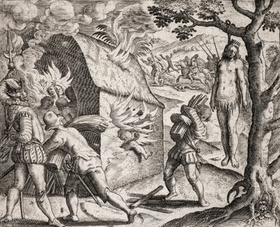 A spanyol telepesek által indiánokkal elkövetett bűncselekmények leírása - Egy indián falu tüze a hódítók által. Lógó – Theodore de Bry metszete Bartolome de las Casa "Néhány elpusztított spanyolról szóló legigazibb története" című művében alkotó: Theodore de Bry