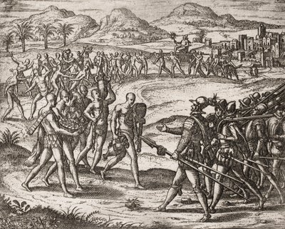 A spanyol telepesek által indiánokkal elkövetett bűncselekmények leírása - Indiánok ajándékot és aranyat hoznak a hódítóknak - Theodore de Bry metszetei " "Néhány elpusztított spanyol spanyol története alkotó: Theodore de Bry