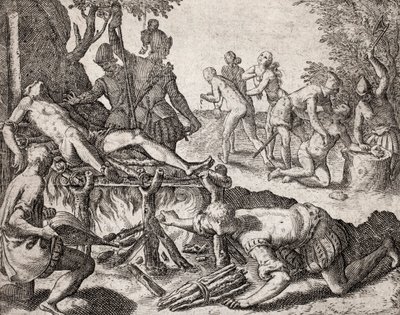 A spanyol telepesek által indiánokkal szemben elkövetett bűncselekmények leírása - A spanyol hódítók indiánkínzásának jelenete. Kínzás grillen, kéz amputációja – Theodore de Bry metszet a Narratio regionum indicarum per Hispanos quosdam devastataru könyvéb alkotó: Theodore de Bry