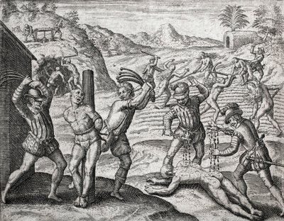 Spanyol telepesek által indiánokkal szemben elkövetett bűncselekmények leírása – indiánokat kínzó spanyolok – Theodore de Bry metszete Bartolome de las Casas (1484-1566) „Brevisima Relacion de la Destruction de las Indias” című művében alkotó: Theodore de Bry