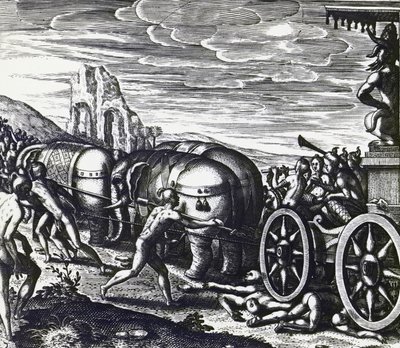 Theodor de Bry (1528-1598) metszetével a bhaktákat szekér zúzta össze bálványmenet közben alkotó: Theodore de Bry