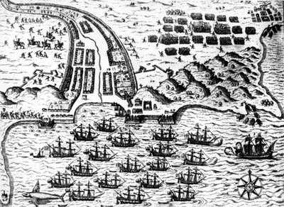Drake 1585-ben De Bry elfoglalta a „Saint Giacomo” hajót Zöld-foki szigeten. alkotó: Theodore de Bry