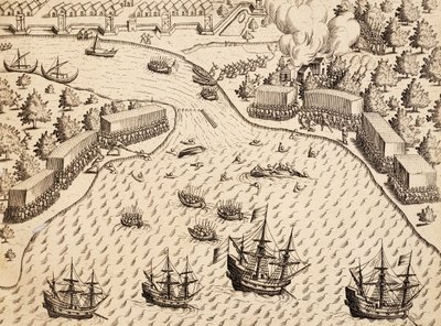 Hollandok érkezése a jávai Madura-szigetre, metszet az India Orientalis művéből, Theodor de Bry (1528-1598), Indonézia alkotó: Theodore de Bry