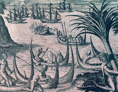 Holland hajók a Magellán-szorosban, metszet az amerikai történelemből, Theodore de Bry (1528-1598), Frankfurt alkotó: Theodore de Bry