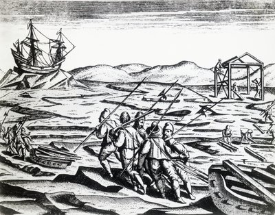 William Barents (kb. 1550-1597) által vezetett expedíció az északkeleti átjárót kereső Peregrinationesből, Theodor de Bry (1528-1598), metszet alkotó: Theodore de Bry