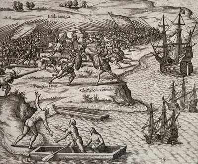 Kolumbusz Kristóf és Francesco Poresio harca Jamaicában, Theodor de Bry (1528-1598) metszete alkotó: Theodore de Bry