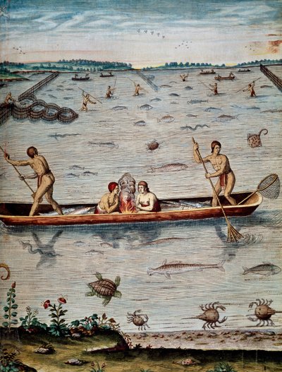 A virginiai bennszülöttek halászati ​​technikái, Theodor de Bry (1528-1598) metszetei alkotó: Theodore de Bry