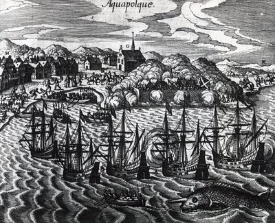 Gályaflotta Acapulco kikötőjében, Theodor de Bry (1528-1598), metszet alkotó: Theodore de Bry