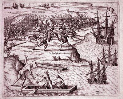 Kolumbusz Kristóf negyedik útja Jamaica szigetén 1503-ban (metszet alkotó: Theodore de Bry