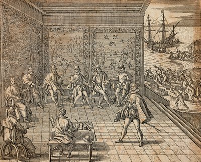 Francisco Pizarro dél-amerikai expedíciójára készül, Theodor de Bry alkotó: Theodore de Bry