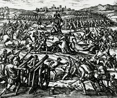 Francisco Pizarro (kb. 1475-1541) csapatai elfogják Atahualpa inka császárt a cajamarcai csata során, november 16-án alkotó: Theodore de Bry