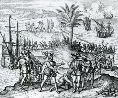 Francisco de Bobadilla megérkezik kormányzónak és letartóztatja Kolumbusz Kristófot (1451-1506) Hispaniolán, 1500, 1590. alkotó: Theodore de Bry