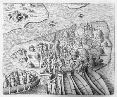 Hans Staden, akit brazíliai útja során Tupinamba indiánok fogtak el, 1552, Johann Ludwig Gottfried "Newe Welt und Americanische Historien" című művéből, kiadta Mattaeus Merian, Frankfurt, 1631 (eng. alkotó: Theodore de Bry