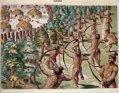 Amerika története: „”Egy indián törzs éjszaka megtámad egy falut Floridában”” Metszet Theodore de Bry (1528-1598) „” Admirante Narratio Americae” című könyvéből alkotó: Theodore de Bry
