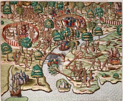 Amerika története: „” Az ostrom és támadás módszereinek leírása, indiánok spanyol seregekkel harcolva”” Hans Staden német felfedező, a spanyol flottákkal Brazíliába távozott fogságáról szóló előadás, amelyet a tupinamba indiánok elfogtak. Metszet az „Ameri alkotó: Theodore de Bry