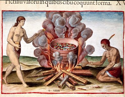 Amerika története: Theodore de Bry (1528-1598) „Admirante Narratio Americae” metszete: „Indián főzőhal” alkotó: Theodore de Bry