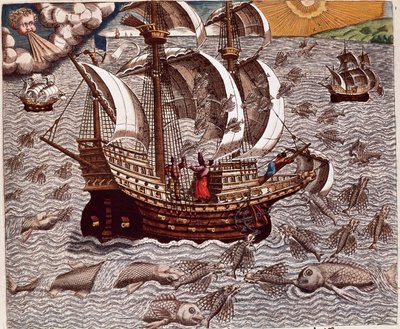 Amerika története: "" Spanyol karavellák utazása repülő halakkal körülvéve"" Hans Staden német felfedező, aki a spanyol flottákkal együtt indult Brazíliába, a tupinamba indiánok fogságába. Metszet az „Americae tertia pars memorabi alkotó: Theodore de Bry