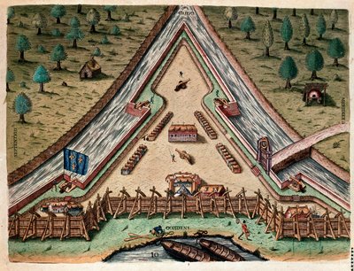 Amerika története: „Fort Carolina élete, Carolina bástyája” „Metszet az „Admirante Narratio Americae”-ból”, Theodore de Bry (1528-1598) Jacques le Moyne (de Morgues) (1533-1588) rajza alapján alkotó: Theodore de Bry