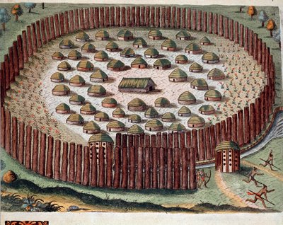 Amerika története: „” Egy indián falu ábrázolása megerősített Floridában”” Metszet az „Admirante Narratio Americae” című könyvből, Theodore de Bry (1528-1598) alkotó: Theodore de Bry