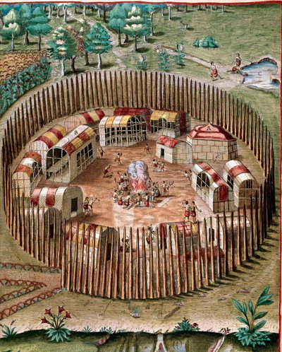 Amerika története: "" Pomeiock vagy Pomeiooc erődváros ábrázolása Virginiában 1585-ben"" Metszet Theodore de Bry (1528-1598) "" Admirante Narratio Americae" című könyvéből alkotó: Theodore de Bry