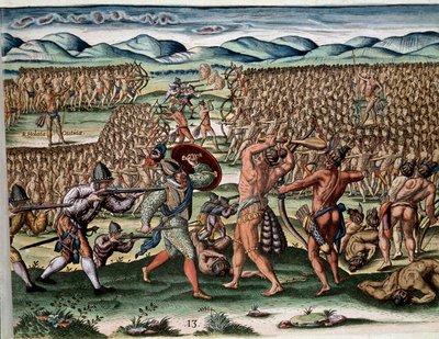 Amerika története: "" Outina főnök (vagy Olata Utina) katonái harcolnak Jean Ribault (vagy Ribaut) expedíció franciáival, Potanou ellenséges törzseivel""" Metszet az "Admirante Narratio Americae"-ből" (Történelem) ). alkotó: Theodore de Bry