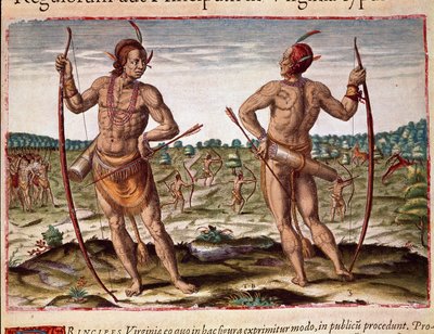 Amerika története: "" Virginia két lakosa, indián nyilak és íjfegyverek"" Theodore de Bry (1528-1598) "" Admirante Narratio Americae" című metszete alkotó: Theodore de Bry