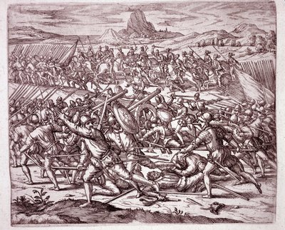 Amerika története: harcok Vaca de Castro és Almagro junior serege között Francisco Pizarro és Diego de Almagro halála után (metszet alkotó: Theodore de Bry