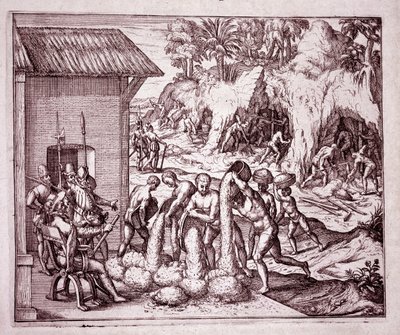 Amerika története: a spanyolok kiaknázzák az aranybányákat (metszet alkotó: Theodore de Bry