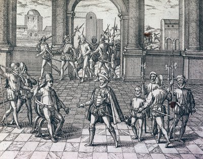 Atahualpa inka császárt spanyolok fogságba ejtik a perui Cajamarcában, Theodore de Bry (1528-1598) metszet az amerikai történelemből, Frankfurt alkotó: Theodore de Bry