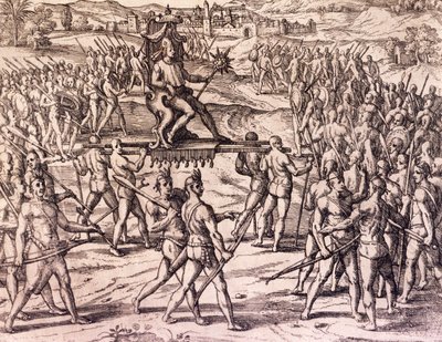Atahualpa inka császárt legyőzték Francisco Pizarro (1475-kb. 1541) spanyol csapatai, Peru, Theodore de Bry (1528-1598) metszet az amerikai történelemből, Frankfurt alkotó: Theodore de Bry