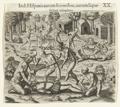 Az indiánok folyékony aranyat öntenek egy spanyol szájába, 1594. alkotó: Theodore de Bry