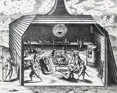 William Barents (kb. 1550-1597) téli otthonának belseje az orosz Novaja Zemlja szigetcsoportban, Theodor de Bry (1528-1598), metszet alkotó: Theodore de Bry