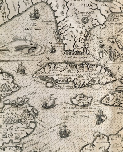 Kuba szigete, Florida és a Mexikói-öböl, metszet az American Grand Voyages történetéből alkotó: Theodore de Bry