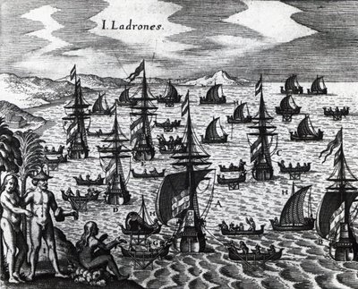 Tolvajok szigetei (Islas de los Ladrones, ma Marianas-szigetek), Theodor de Bry (1528-1598) metszete Peregrinationesből. 16. század alkotó: Theodore de Bry