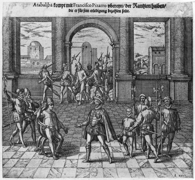 Atahualpa király (1502-33 körül) váltságdíját kezeli Francisco Pizarróval, 1533 (metszet) (fekete-fehér fotó) alkotó: Theodore de Bry