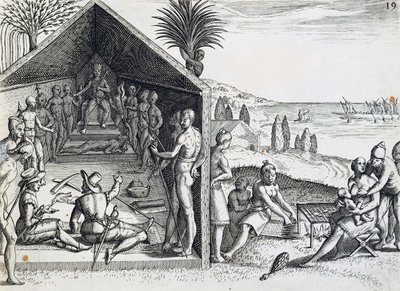 Király európai látogatókat fogad, Lopez-fok, Gabon, Theodor de Bry (1528-1598) indiai orientalis metszete, Afrika alkotó: Theodore de Bry