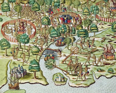 Az ostrom és támadás módszerei, az "Americae Tertia Pars...", 1592 alkotó: Theodore de Bry