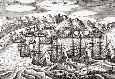 Mexikó, kilátás Acapulcóra - Mexikó (Aquapolque), Theodore de Bry, kb. 1630. Az acapulcói gyarmati település korai képe, amelyet a spanyolok a Fülöp-szigetekkel folytatott csendes-óceáni kereskedésük fő kikötőjeként használtak. A kikötő tele van galleonokk alkotó: Theodore de Bry