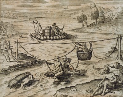 Őslakos amerikai indiánok lefelé a folyón, írta Theodore de Bry alkotó: Theodore de Bry